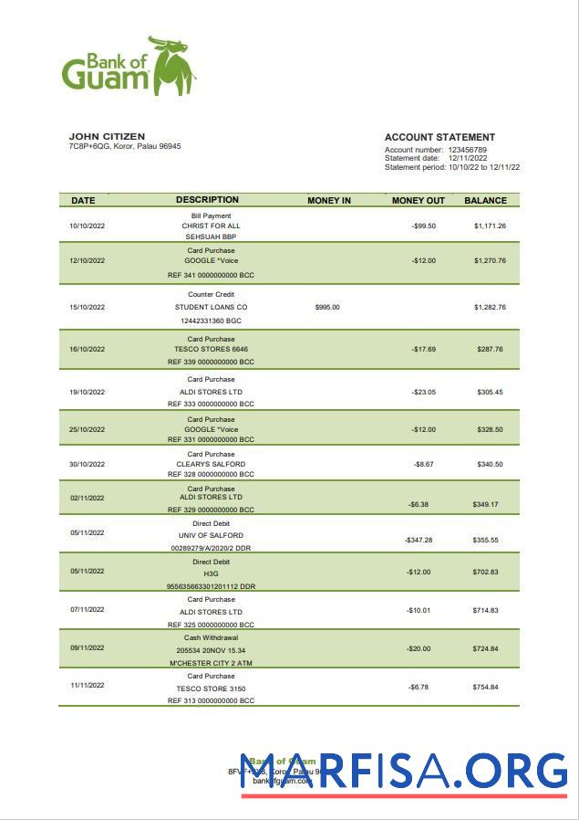 Realistic Palau Bank of Guam bank statement word example
